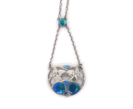 Charles Horner silver and enamel necklace, of oval stylised pierced form enamelled in green and blue, stamped 'C.H' and hallm
