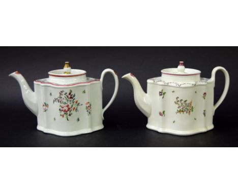 New Hall - two 'Silver' shape teapots in pattern nos. 191 and 296, 5.75" high approx (2)