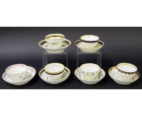New Hall - six tea bowls with saucers in pattern nos. 402, 166, 254, 144, 251 and U380 (12)
