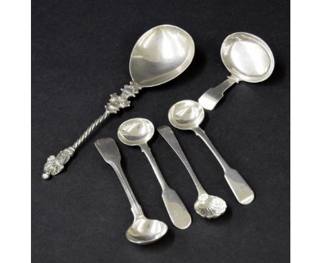 George III silver caddy spoon, London 1820, maker Francis Powell, inscribed 'S P to Mam', 3" long; four silver Georgian and V
