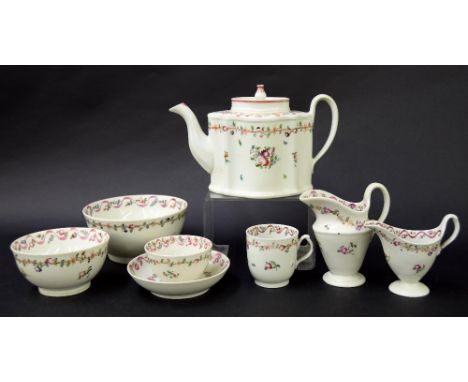 New Hall - tea set comprising teapot, tea bowl, coffee cup, saucer, milk jug, cream jug, sugar basin and slop bowl in pattern