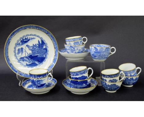 New Hall - blue printed porcelain tea wares comprising tea bowls and coffee cups in the 'Two Ducks', 'Man on Bridge', 'Trench