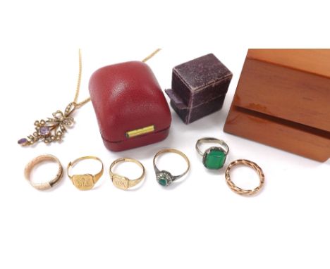 Edwardian amethyst and seed pearl pendant on necklet, together with six assorted gold and silver rings