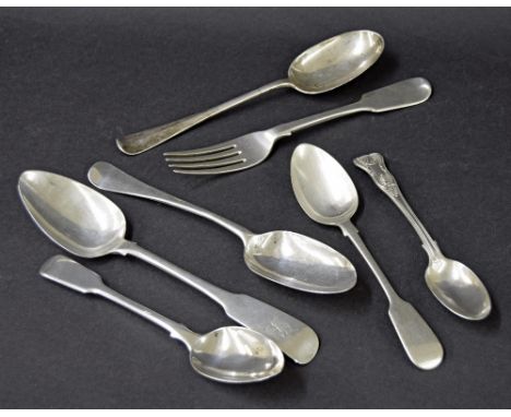 Irish silver fiddle pattern serving spoon, Dublin 1808, maker Samuel Neville, 9" long, 2.2oz approx; together with five vario