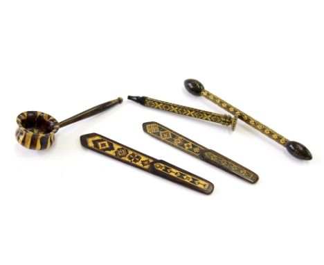 Tunbridge Ware - small caddy ladle, 4.5" long; darner, pencil body and two book markers (5)