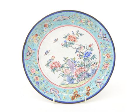 Chinese Cantonese enamel circular dish, painted with flowers, birds and butterflies within pale turquoise borders, 19th centu