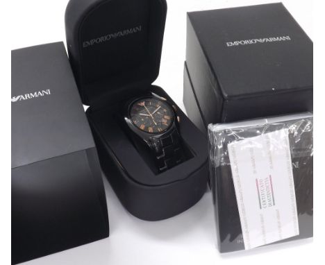 Emporio Armani Ceramica chronograph gentleman's bracelet watch, ref. AR-1410, no. 111204, black dial with Roman numerals, tri