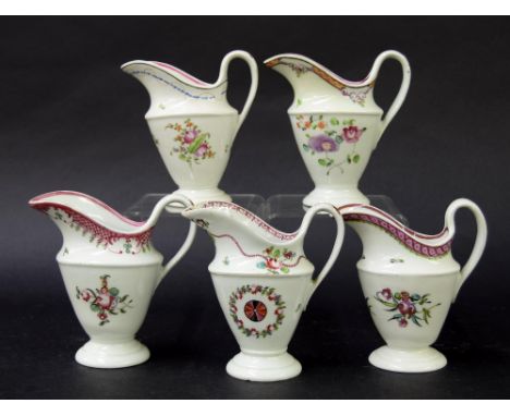 New Hall - five obconical shape milk jugs in pattern nos. 952, 338, 273, 208 and 297, the tallest 4.5" (5)
