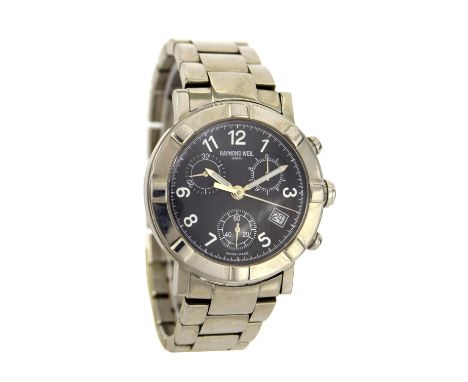 Raymond Weil chronograph stainless steel gentleman's bracelet watch, ref. 5030, no. E802573, black dial with Arabic numerals,