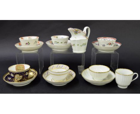 New Hall - six tea bowls/cups with saucers in pattern nos. 565/6, 366, 196, 101, 442 and 138; also a coffee cup in pattern no