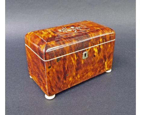 Tortoiseshell tea caddy of rectangular form, the top inlaid with a floral spray in white metal and mother of pearl, the inter