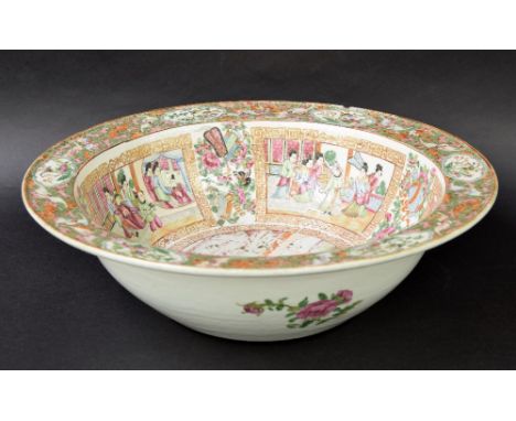 Chinese Cantonese famille rose porcelain basin, with panels of figures on a foliate ground depicting birds and various device