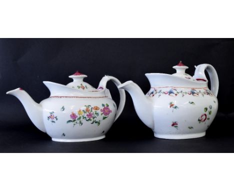 New Hall - two 'Prow' shape teapots in pattern nos. 660 and 594, the tallest 6.5" (2)