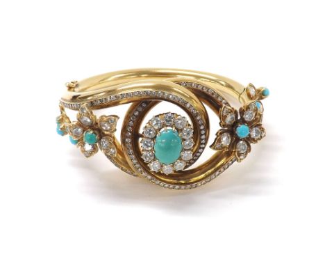 Impressive 18ct yellow gold open work turquoise and diamond bangle, signed Piccini, with a central oval cabouchon cluster wit