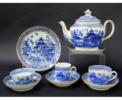 New Hall - part tea set comprising teapot, tea bowl on saucer, coffee cup on saucer and sandwich plate in the 'Two Moths' pat