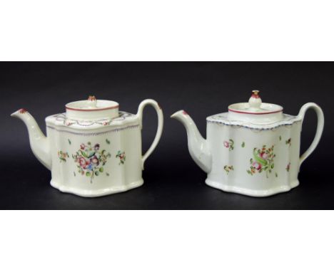 New Hall - two 'Silver' shape teapots in pattern nos. 208 and 450, 5.5" high (2)