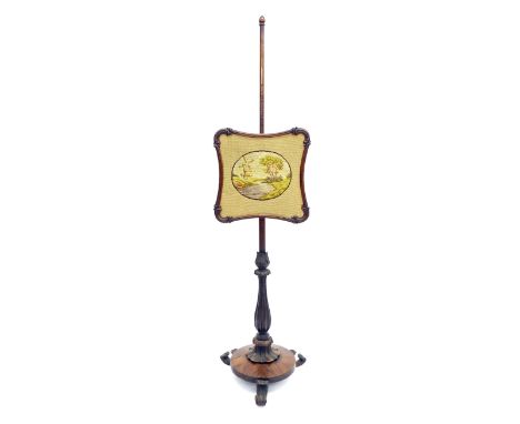 William IV rosewood firescreen, the tapestry depicting a figure in a boat on a river with windmill nearby, 60" high