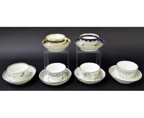 New Hall - six tea bowls with saucers in pattern nos. 420 (ex Hutton Collection), 461, 784, 133, U70 and U78 (12)
