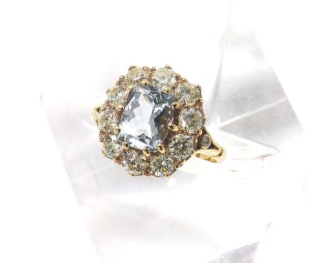 Antique style 18ct diamond and aquamarine cushion shaped cluster ring, the aquamarine in a surround of round brilliant-cut di
