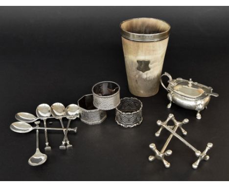 Selection of assorted silver to include a Victorian silver applied horn beaker, 5" high; three silver napkin rings, pair of s