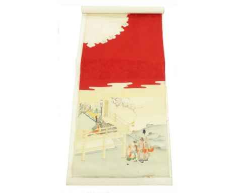 Chinese silk scroll of figures by a pagoda with a female figure on a terrace with trees around, 41" high, 19" wide