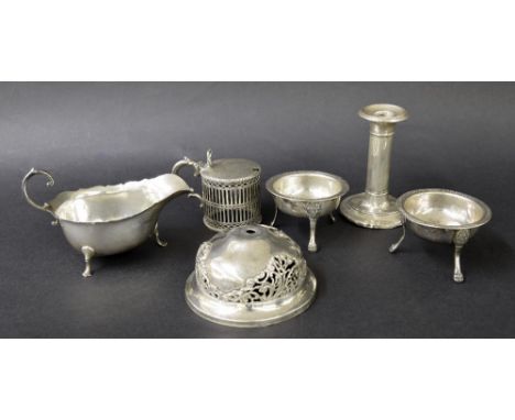 Assorted silver to include a sauce boat, circular Victorian lidded mustard (no liner), single candlestick, pair of Swedish wh