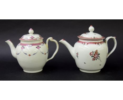 New Hall - two 'Ogee' shape teapots in pattern nos. U61 and 78, the tallest 6.75" (2)