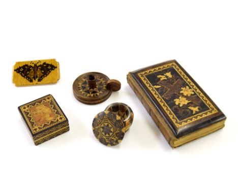 Tunbridge Ware - Queen Victoria stamp box (right facing), small chamber stick, book, brooch and pot with glass liner (5)