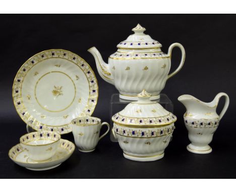 New Hall - tea set comprising teapot, tea bowl, coffee cup, saucer, sandwich plate, milk jug and sugar box in pattern no. 202