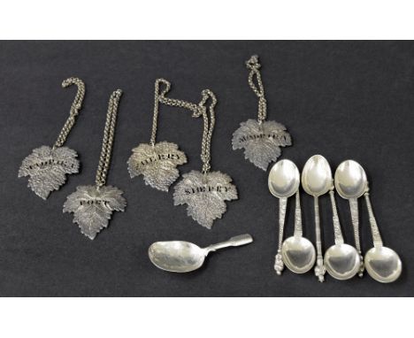 Victorian silver caddy spoon, maker Taylor & Perry, 3" long (date mark indistinct); six silver Apostle teaspoons; also a set 