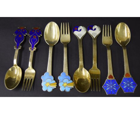 Anton Michelsen, Denmark - four pairs of silver-gilt enamel month spoons for 1974, 1975, 1976 and 1978, stamped maker's marks