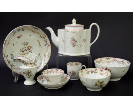 New Hall - tea set comprising teapot, tea bowl, coffee cup with saucer, sandwich plate, milk jug, sugar box and slop bowl in 