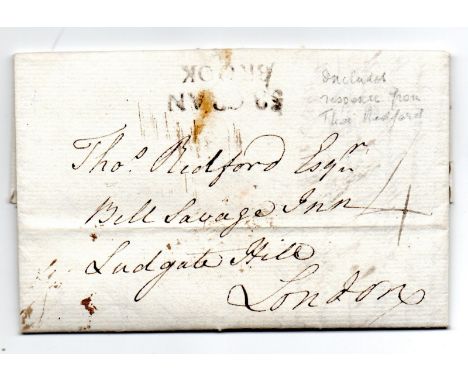 1787 Coffee house letter. Entire to Thos. Bidford at the Bell Savage Inn, Ludgate Hill with 53CRAN / BROOK dbl line handstamp