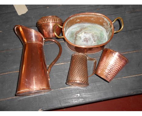 Copper planter, large jug, two pot holders and JSB ( Joseph Sankey of Bilston) lidded jug Reserve: £10