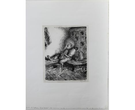 Weber, A. Paul. (Aus Igelhausen: Auf der Ofenbank) Getönte Lithographie von A. Paul Weber, gedruckt für die "Griffelkunst", (