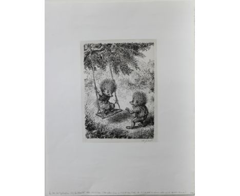 Weber, A. Paul. (Aus Igelhausen: Auf der Schaukel) Getönte Lithographie von A. Paul Weber, gedruckt für die "Griffelkunst", (