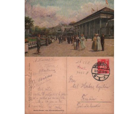 Baden – Baden 1925. Postalisch gelaufene, farbige Postkarte mit 6 eigenhändigen Unterschriften von einigen Teilnehmern am Tur