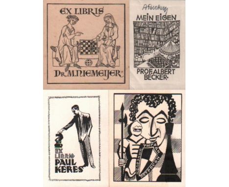 Exlibris. Sammlung von Exlibris mit Schachmotiven. Konvolut von 30 gedruckten Exlibris, davon 7 handschriftlich signiert (u. 