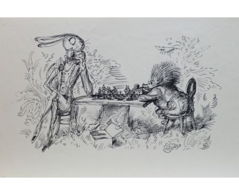 Weber, A. Paul. (Hase und Igel beim Schach). Originale Federzeichnung von A. Paul Weber, aus der Zeit um 1953. Im Blatt monog