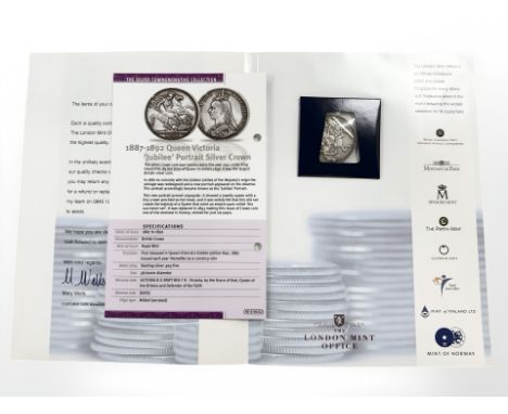 The London Mint Collection : A Queen Victoria 1889 'Jubilee' portrait Sterling silver crown, with certificate of authenticity