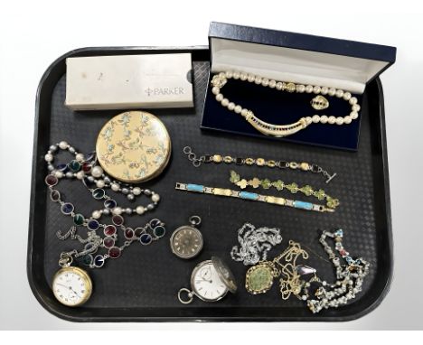 A group of costume jewellery, silver pocket watch (AF), further pocket watches, compact, etc.