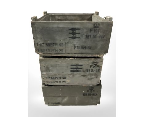 Three vintage Danish military painted pine ammunition crates, width 40 cm.