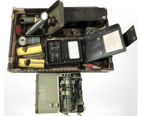 A vintage torch, battery pack, tins, tools, etc. (1 box)