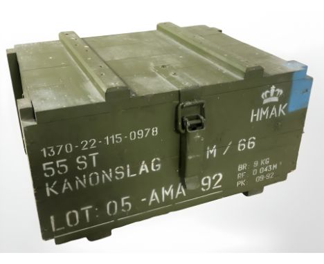 A vintage Danish military painted pine ammunition crate, width 44 cm.