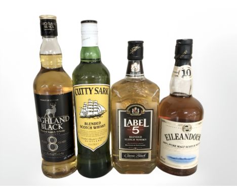 A bottle of Highland Black blended scotch whisky, aged eight years, 70 cl, Cutty Sark blended scotch whisky, 70 cl, Label Fiv