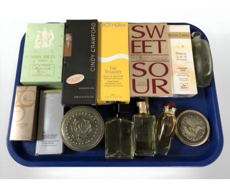 A group of perfumes and other cosmetics including Cindy Crawford, Nina Ricci, Lancome, together with a compact, etc.