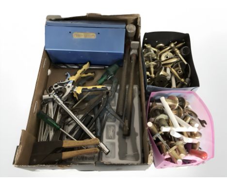 A small quantity of hand tools and brass door handles. (3 boxes)