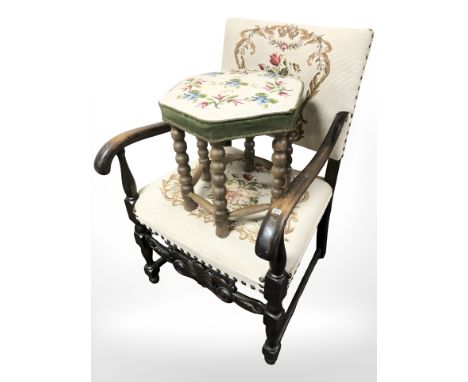 An oak tapestry upholstered armchair and similar hexagonal stool.