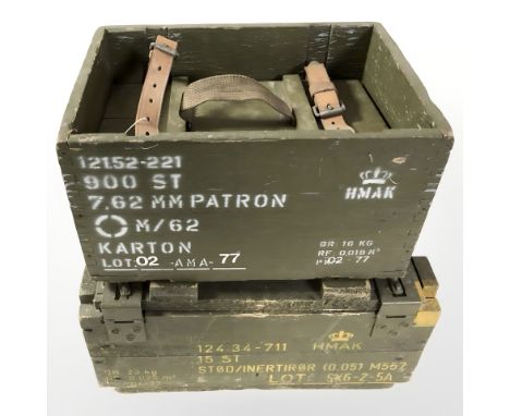 Two 20th century Danish ammunition crates, largest 43 cm wide.