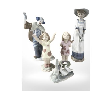 Five Nao figures and groups including clown, etc, tallest 32 cm.